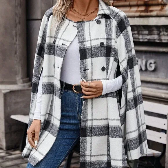 Plaid Print Cloak Sleeve Double Breasted Cape - Picture 4 of 5